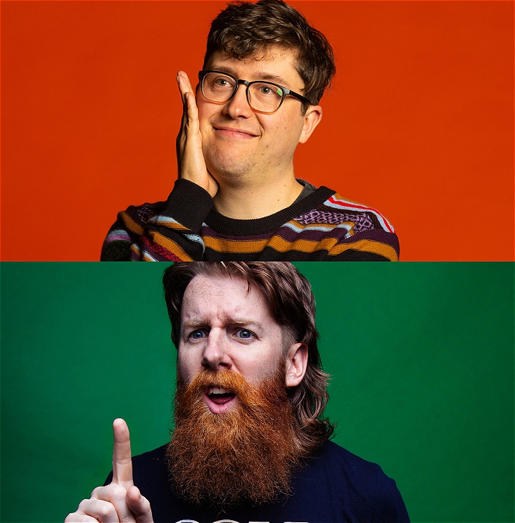 A composite image. The top image is comedian Alasdair-Tremblay-Birchall wearing glasses and wrapped in fairy lights on a light colour background. The bottom image is Matt Stewart red beard and wearing a cold chisel t-short on a green background with a confused expression holding one finger up.