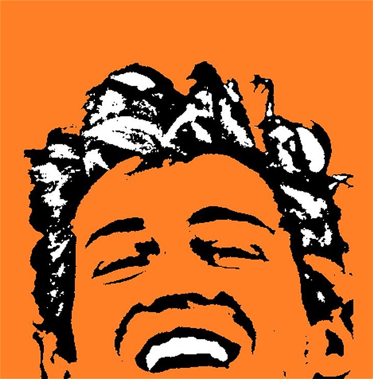 An outline of a smiling man's face against an orange background.