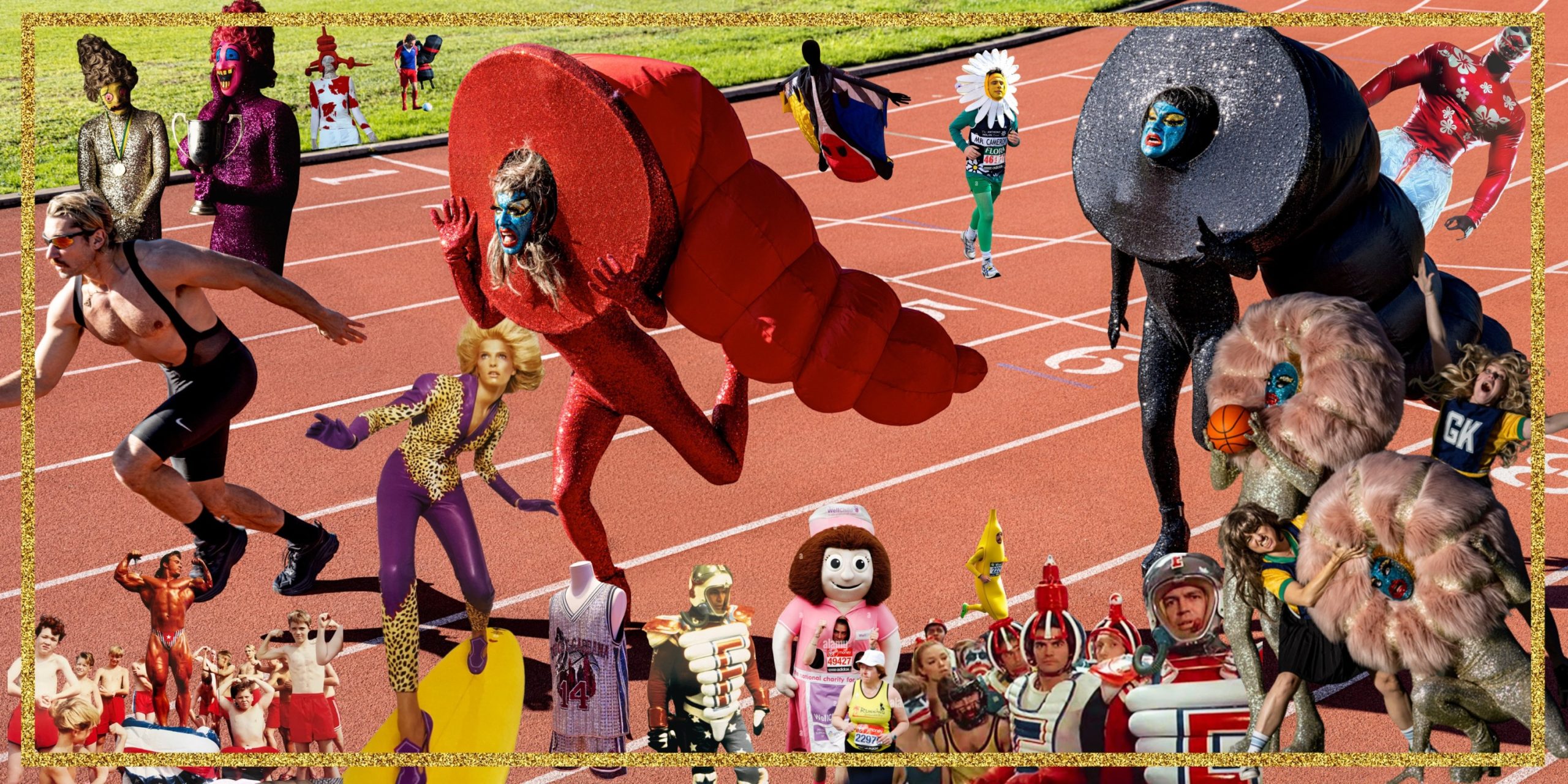 A collage of The Huxleys running down a race track looking panicked, one wearing a red sequined costume and the other wearing a black sequined costume. Around the image there are cutouts of people dressed in sporting gear, mascot outfits, runners, wrestlers, and a guy doing a marathon dressed as a banana.