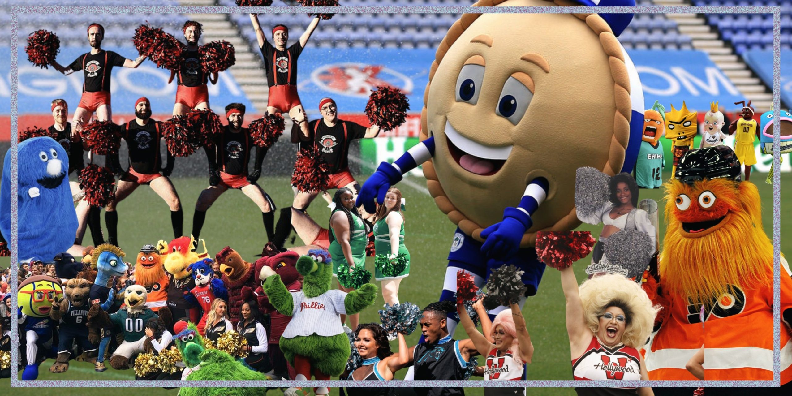 A collage of mascots and cheerleaders against a background of a sporting stadium. 