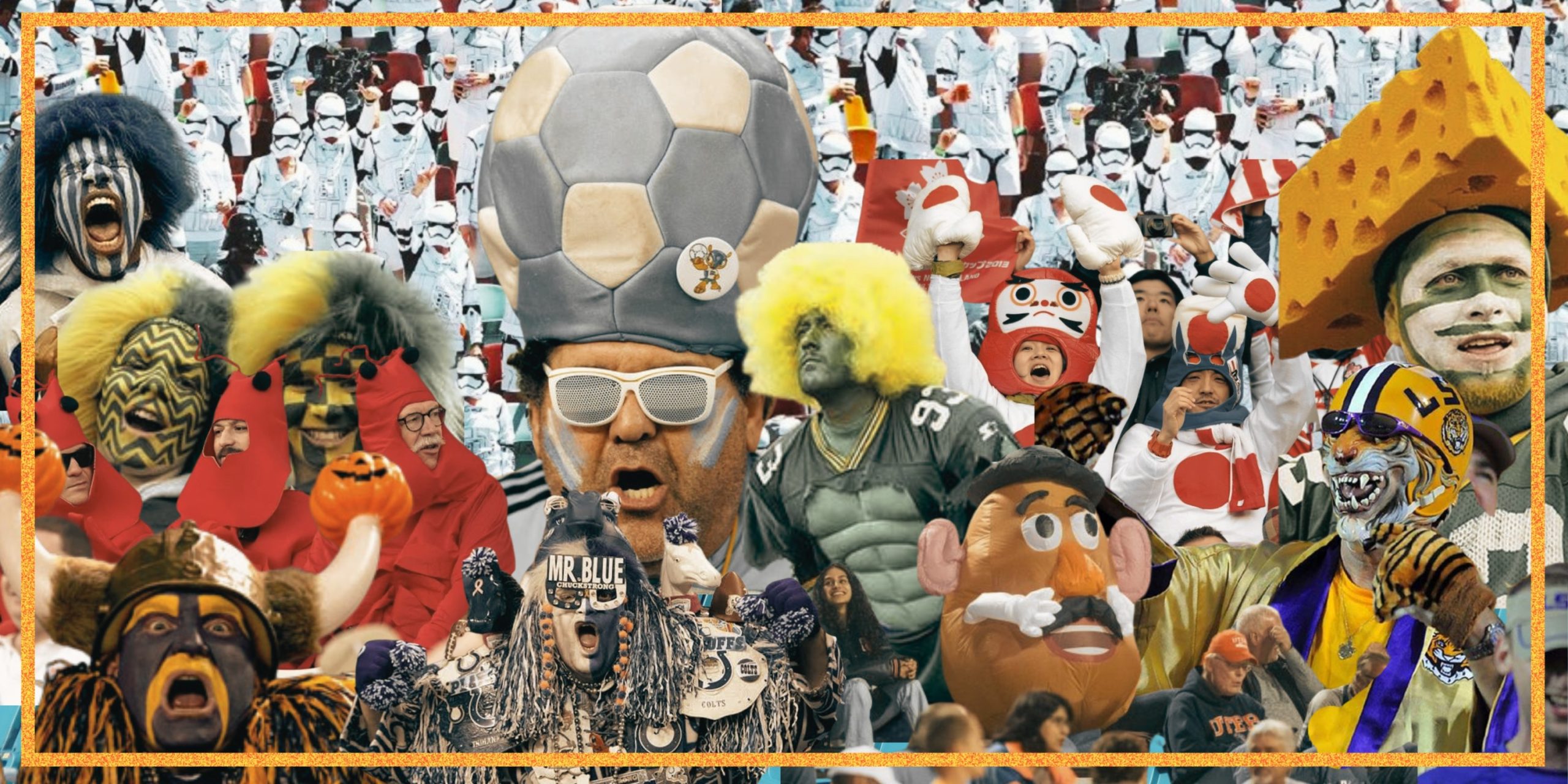 A collage of sports spectators looking very amped up, dressed in their team outfits with lots of facepaint. Many of them wear colourful wigs or novelty hats, including a giant wedge of cheese.