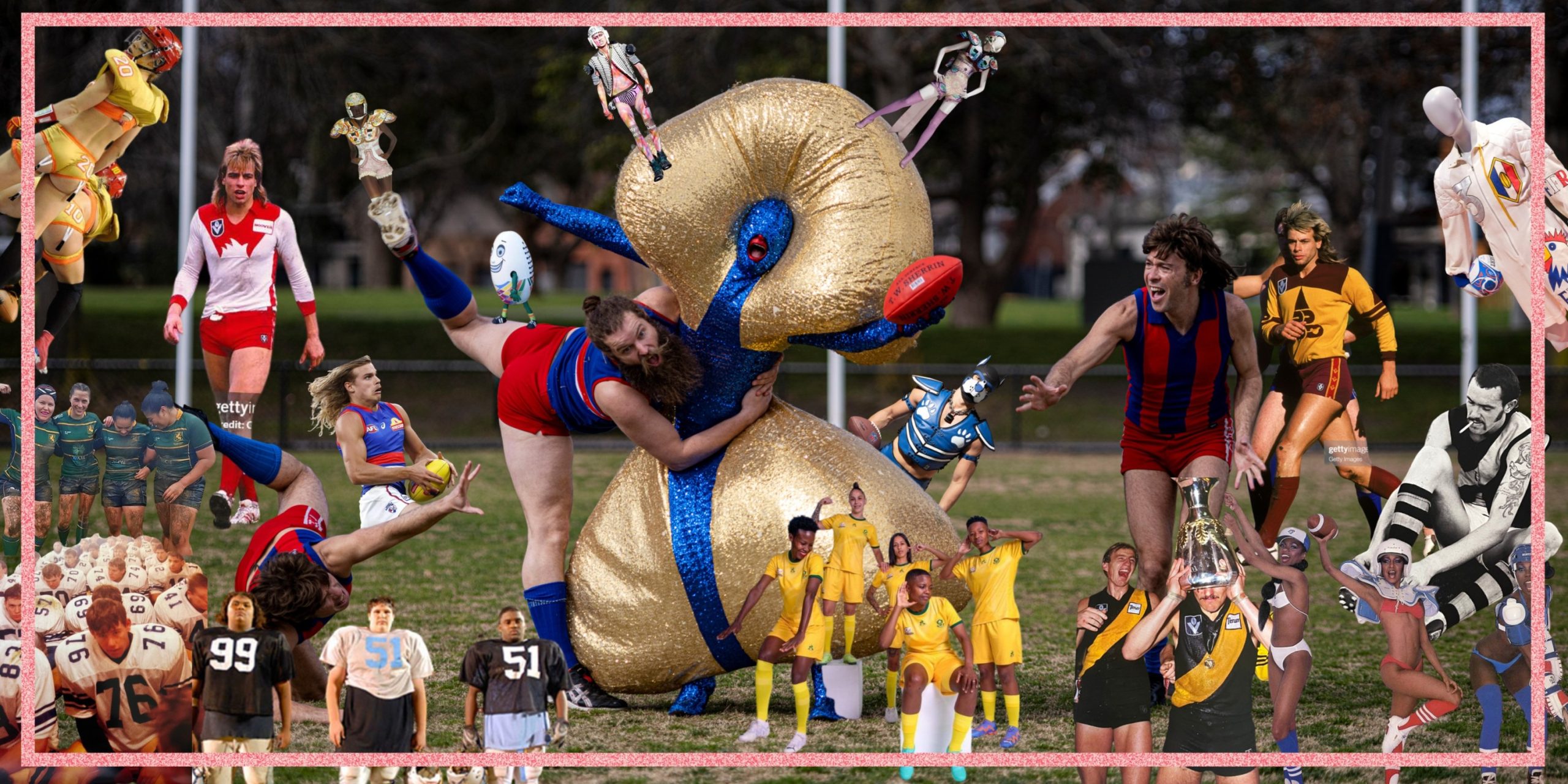 A collage of images related to AFL and football. In the centre of the image is a Huxley dresses in a bulbous golden outfit with blue arms, face, and a stripe down the centre. Dandrogyny tackles them gracefully with a leg raised above their head in the air. Dandrogyny is dressed in an AFL outfit that is red and blue. Around the border there are various AFL images that look as if they've been cut out, of AFL players running, posing with trophies, and posing as a team.