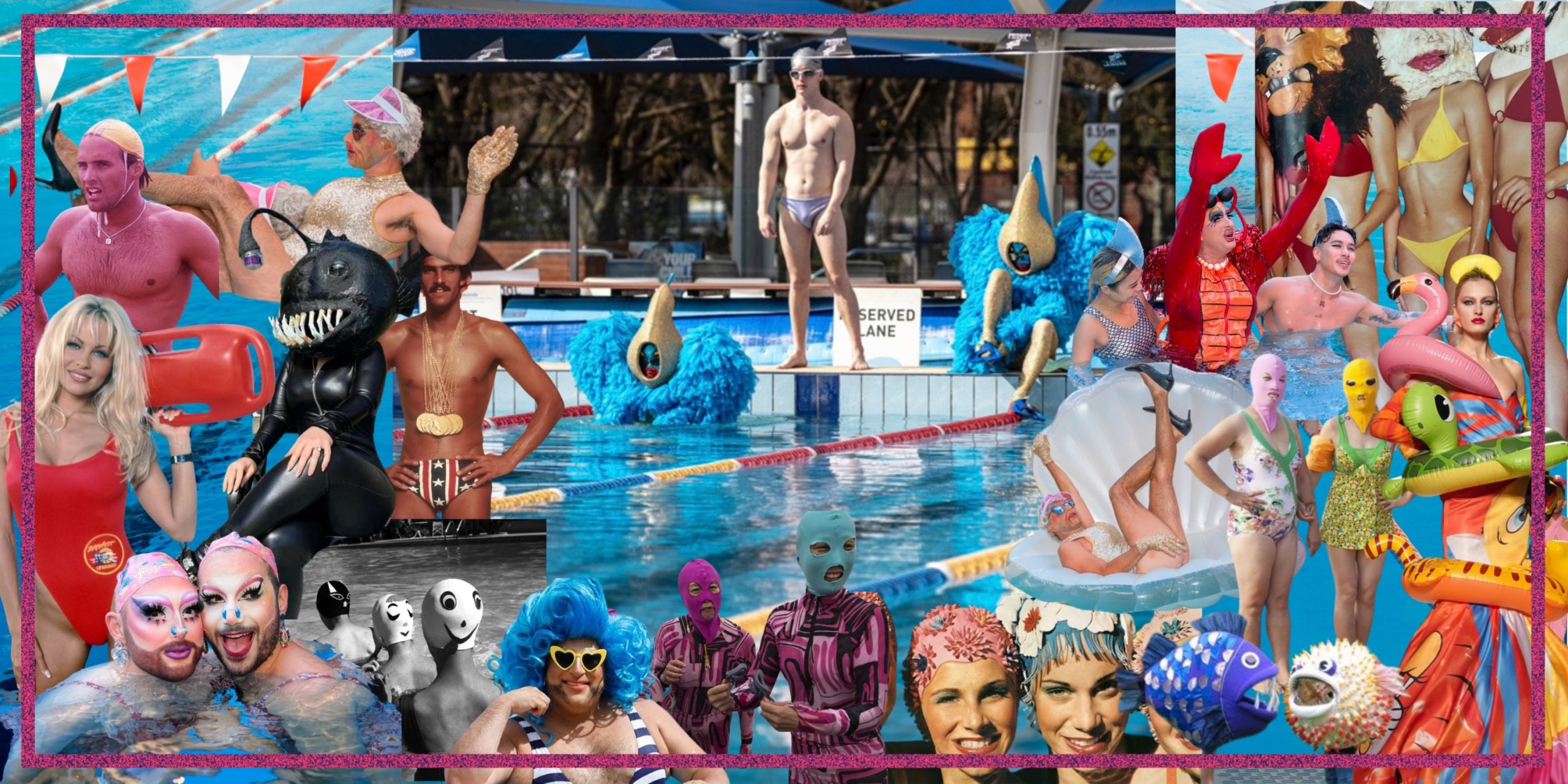 A collage of images related to swimming. The background is formed by an image of The Huxleys in big fluffy blue costumes with golden pointy heads and blue faces getting in to a pool. In between them is an atheltic lookng person dressed in speedoes with a swimming cap and goggles. Around the image there are cut outs of different people swimming and dressed in swimwear, including drag queens, lifeguards, models, people dressed as fish, and the Huxleys.