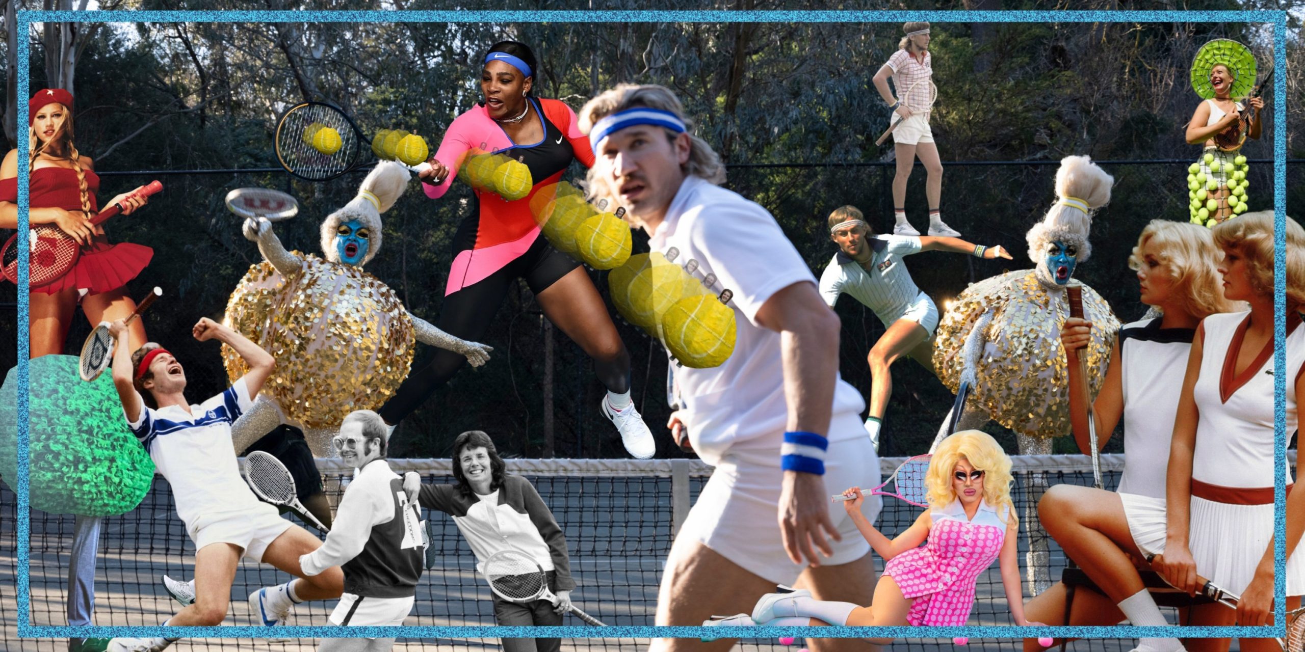 A collage of images related to Tennis. The background is an image of the Huxleys playing tennis, dressed as giant sequined golden balls, with blue faces and blonde wigs. In the foreground are images of cricket players, and Trixie Matell posing as a cricket player. 