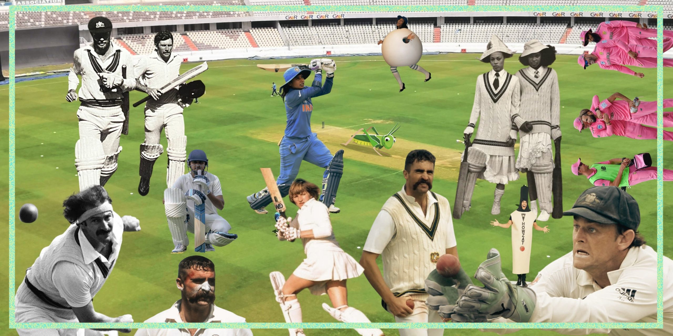 A collage of different cricket sports people against a background of a cricket stadium. There are black and white images of cricket players running, one throws a fast bowl, while two women look fashionable in their cricket outfits. There is also a small image of a woman dressed as a white ball. In the middle of the cricket pitch is a cartoon cricket insect.